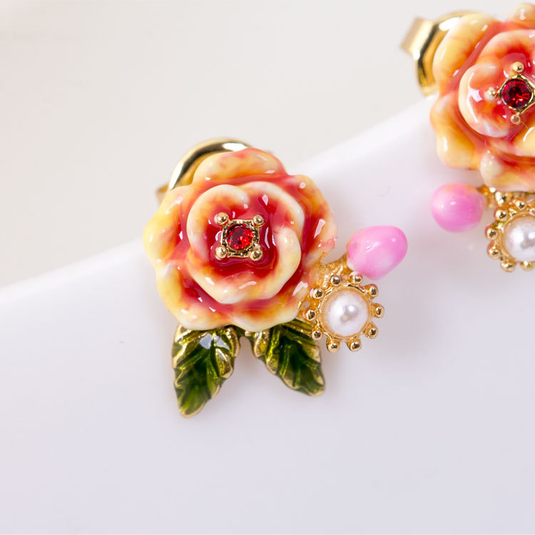 Garden Series Enamel Glazed Flower Imitation Pearl Zircon Stud Earrings 925 Silver Needle