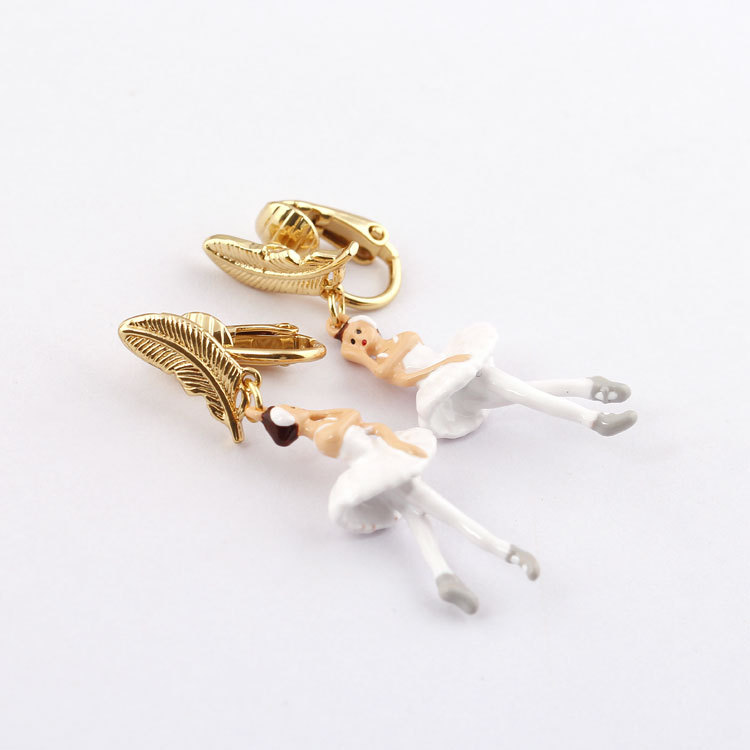 Golden Further Ballet Girl Enamel Earrings Jewelry Stud Clip Earrings