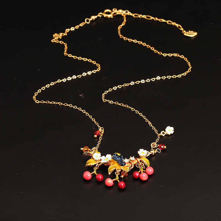 Hand Enamel Glaze Cherry Orchard Oriole Crystal Bird Necklace Gilded Women Fashion Jewelry