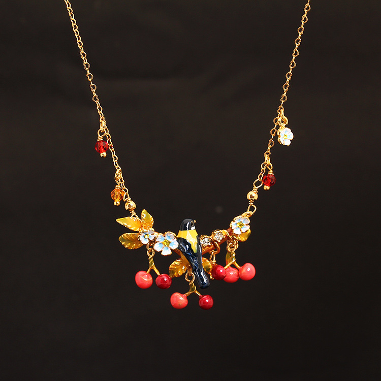 Hand Enamel Glaze Cherry Orchard Oriole Crystal Bird Necklace Gilded Women Fashion Jewelry