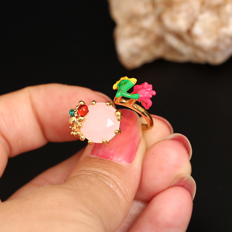 Hand Enamel Glaze Colorful Flower Crystal Plating Gold Ring Adjustable Size