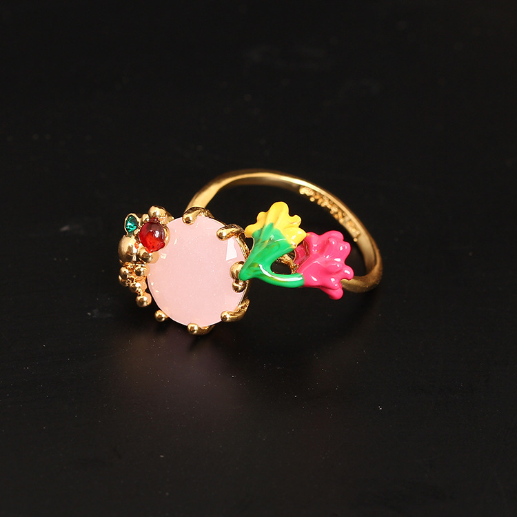 Hand Enamel Glaze Colorful Flower Crystal Plating Gold Ring Adjustable Size