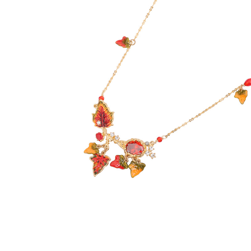 Hand Enamel Maple Leaves Crystal Set Necklace Alloy Gold Really Plated Women Jewelry