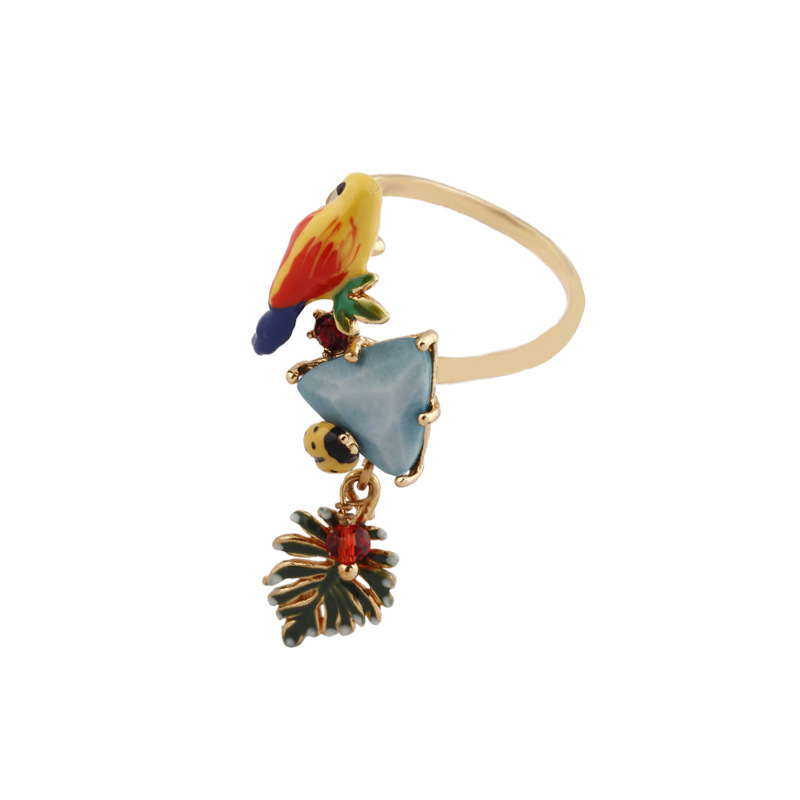 Hand Painted Enamel Adjustable Colour Parrot Blue Pine Stone Leaves Gold Ring