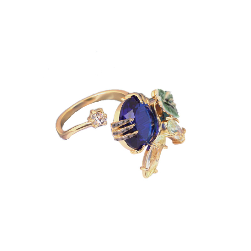 Hand Painted Enamel Blue Crystal Leaf Luxury Ring Adjustable Size