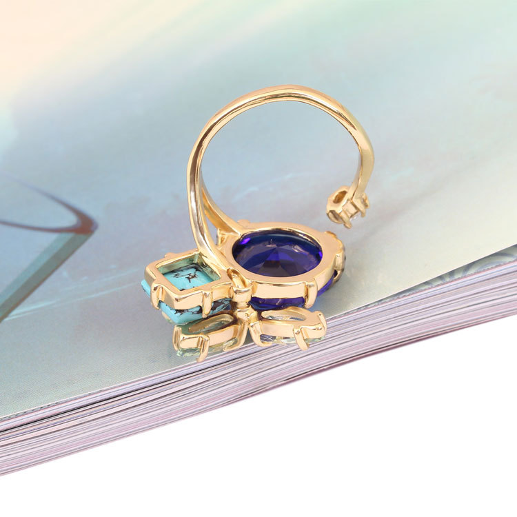 Hand Painted Enamel Blue Crystal Leaf Luxury Ring Adjustable Size