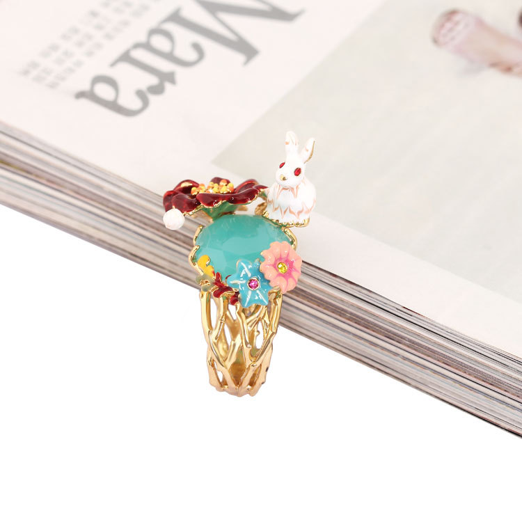 Hand Painted Enamel Cute Rabbit Ring Adjustable Size