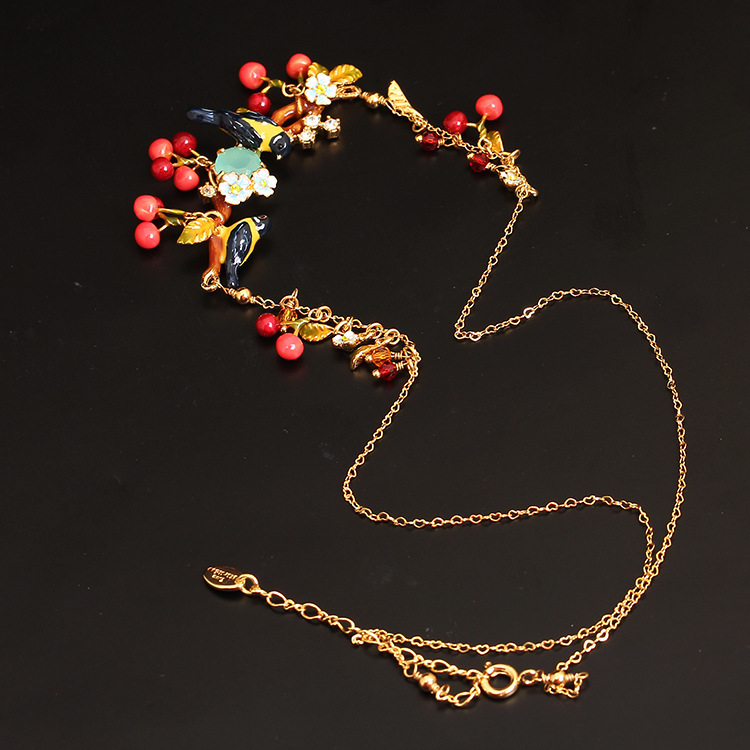 Hand Painted Enamel Flower Bird Necklace Jewelry
