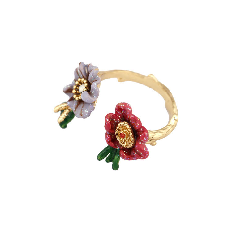 Hand Painted Enamel Flower Ring Adjustable Size
