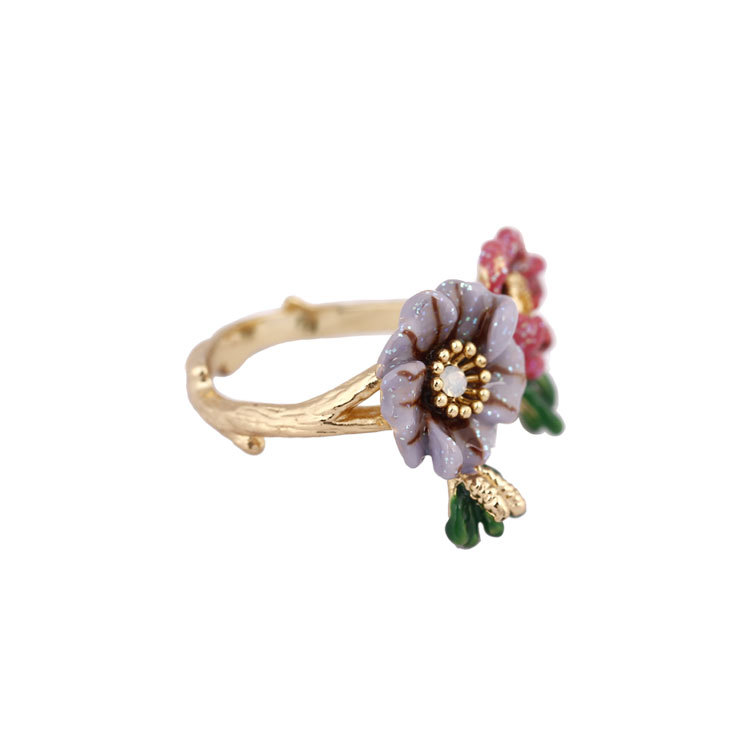 Hand Painted Enamel Flower Ring Adjustable Size