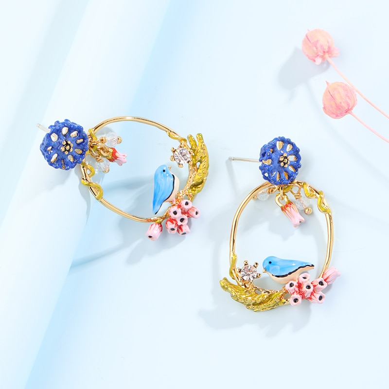 Bird Flower Long Tassel Enamel Earrings Jewelry Stud Clip Earrings