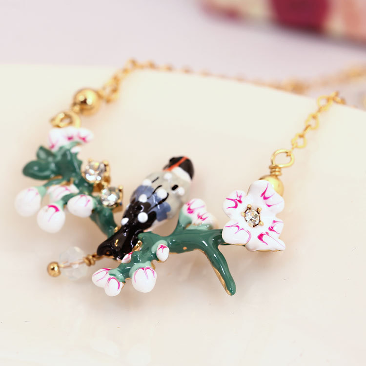Hand Painted Enamel Glaze Cherry Blossom Bird Pendant Necklace
