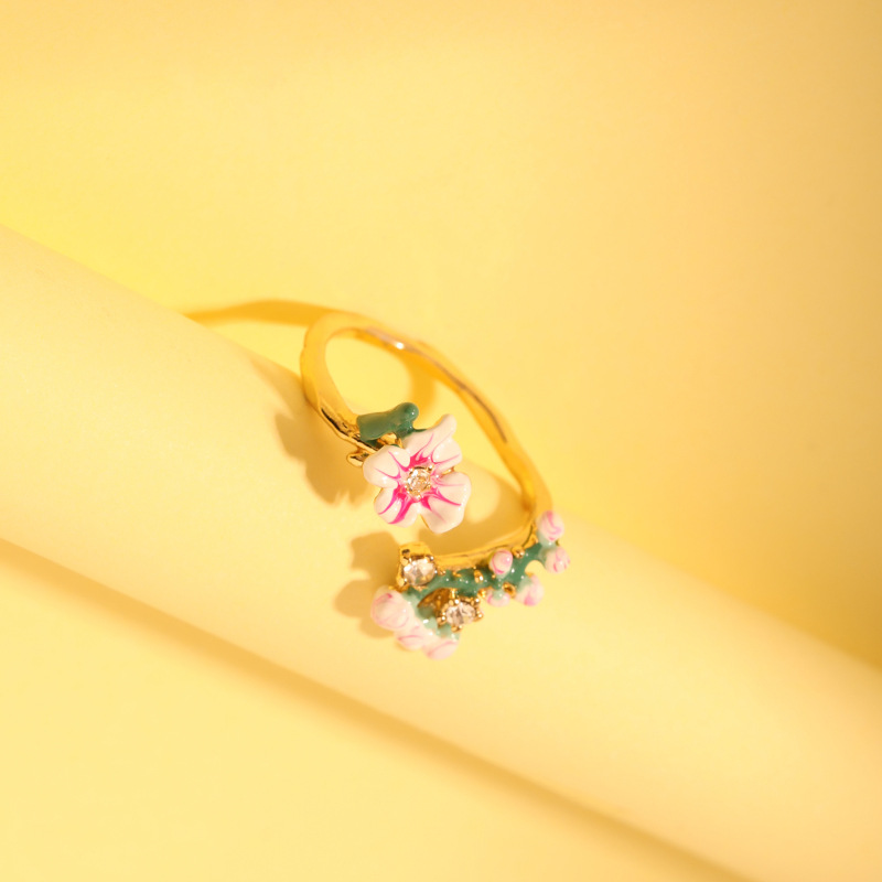 Hand Painted Enamel Australian Romantic Autumn Red Zircon Peal Ring