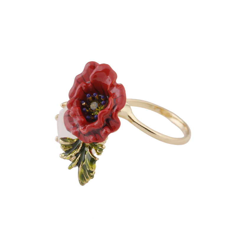 Hand Painted Enamel Glaze Corn Poppy Crystal Inlay Ring Adjustable Size