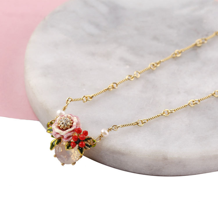 Hand Painted Enamel Glaze Gilded Flower Natural Freshwater Pearl Pendant Necklace