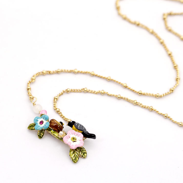 Hand Painted Enamel Glaze Flower Bird Nest Necklace