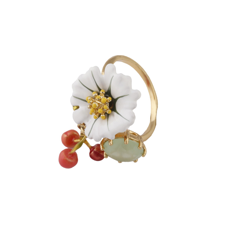 Hand Painted Enamel Glaze Gilded Ring Women White daisy Flower Zircon Cherry Opening Adjustable Ring