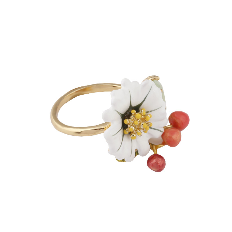 Hand Painted Enamel Glaze Gilded Ring Women White daisy Flower Zircon Cherry Opening Adjustable Ring