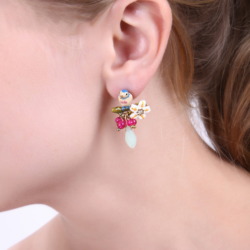 Bird Pink Blue Flower Asymmetry Enamel Earrings Jewelry Stud Earrings