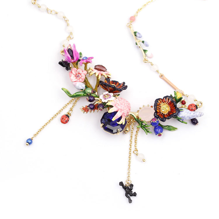 Hand Painted Enamel Glaze Bell Orchid Sapphire Necklace