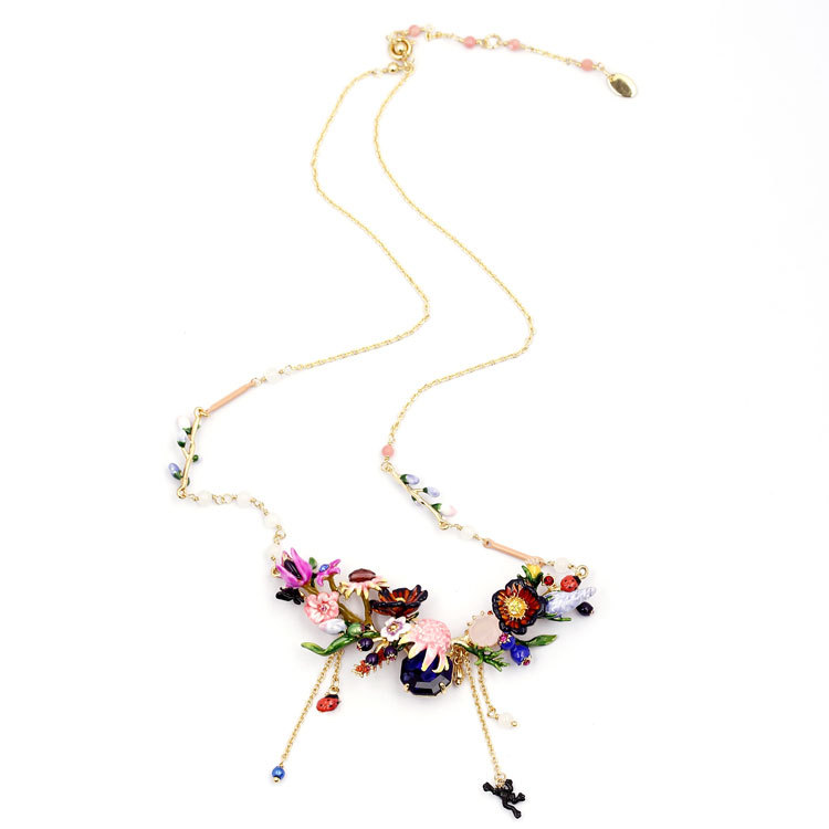 Hand Painted Enamel Glaze Bell Orchid Sapphire Necklace