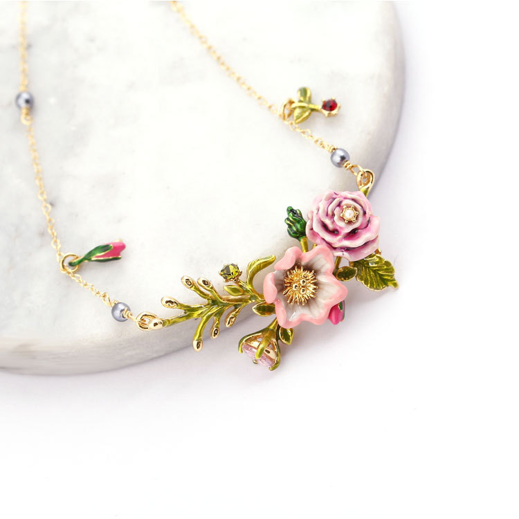 Hand Painted Enamel Glaze Flower Natural Pearl Pendant Necklace