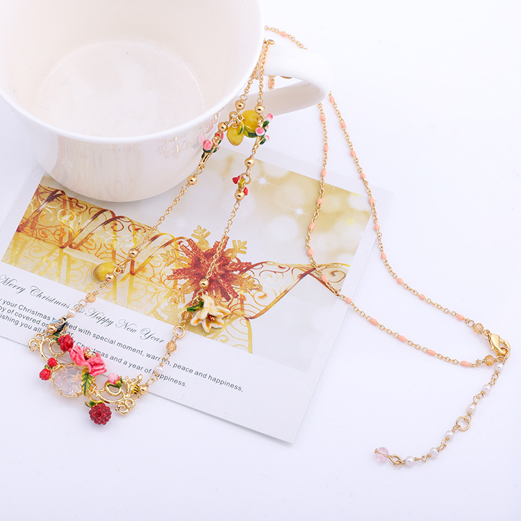 Hand Painted Enamel Glaze Flower Necklace Sweater Chain