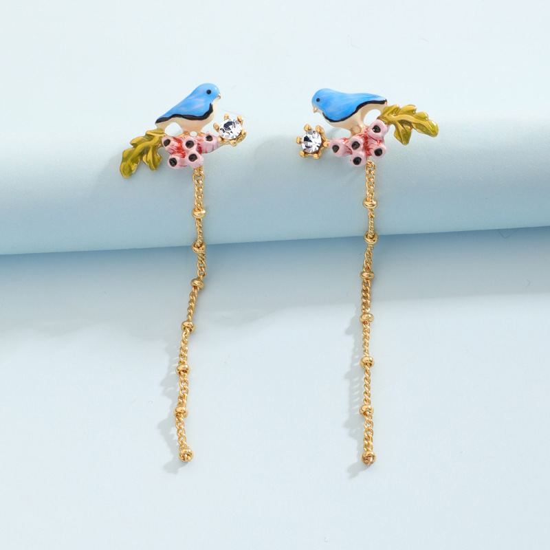 Bird Pink Blue Flower Asymmetry Enamel Earrings Jewelry Stud Earrings