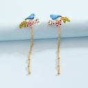 Bird Pink Blue Flower Asymmetry Enamel Earrings Jewelry Stud Earrings