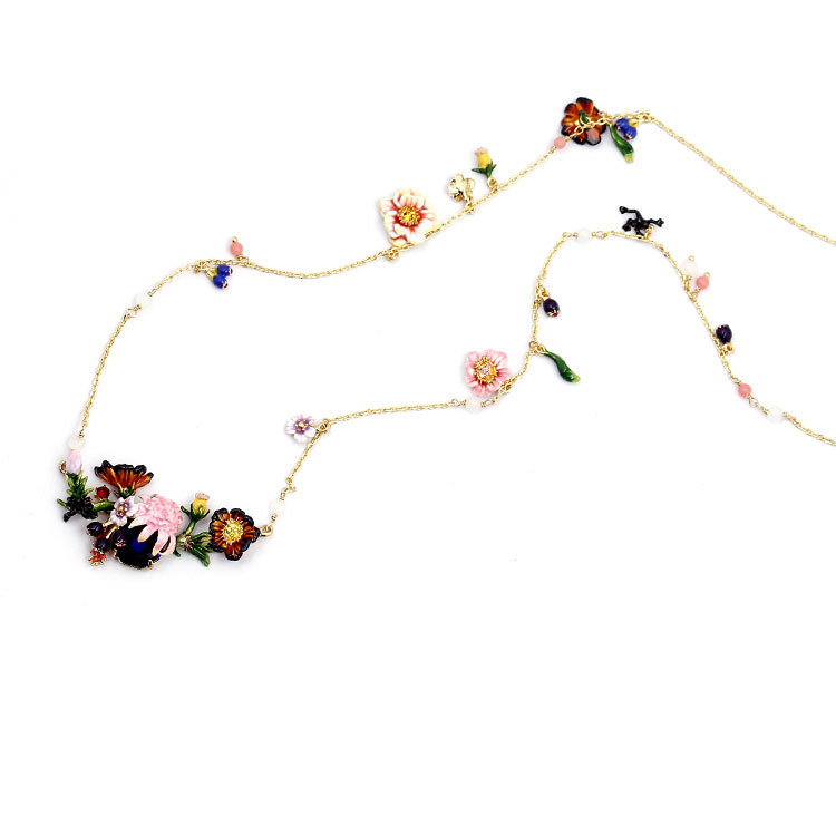 Hand Painted Enamel Glaze Flower Pendant Necklace For Women