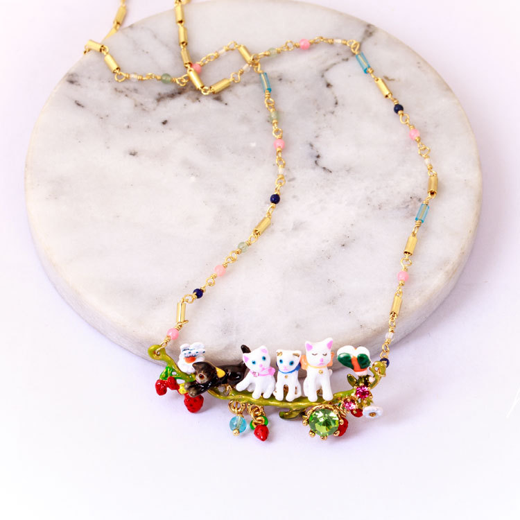 Hand Painted Enamel Glaze Gilded Five Cats Necklace
