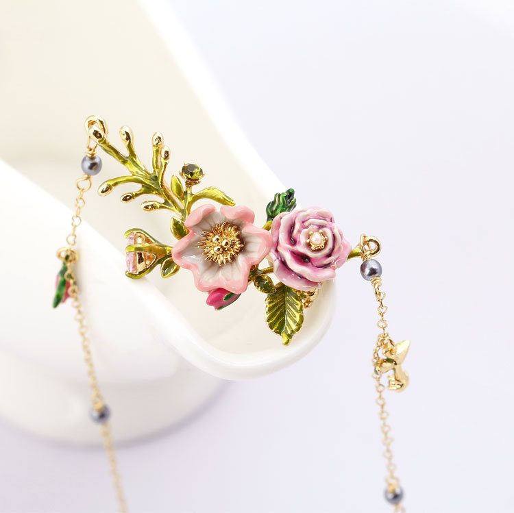 Pink Flower On A Branch And Crystal Enamel Pendant Necklace
