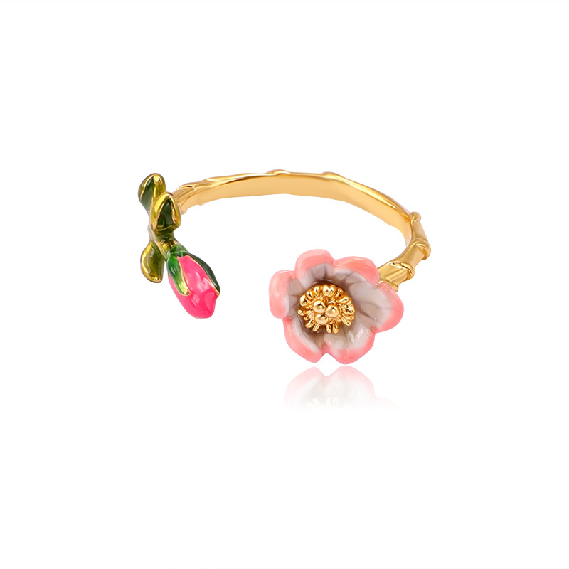 Pink Flower Bud and Leaf Enamel Adjustable Ring