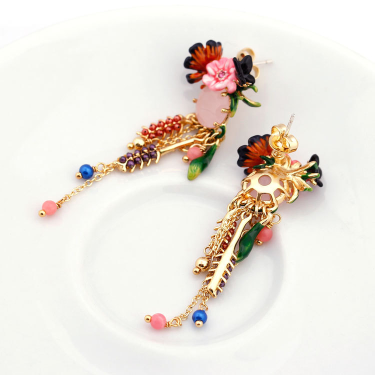 Flower Pink Gem Crystal Enamel Earrings Jewelry Stud Clip Earrings