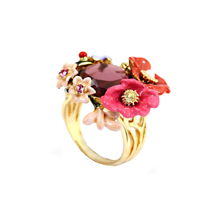 Bohemian Enamel Pink Flower Crystal Ring Prong Stone Ring