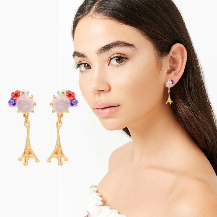 Red Purple Flower Eiffel Tower And Stone Enamel Dangle Earrings Jewelry Gift