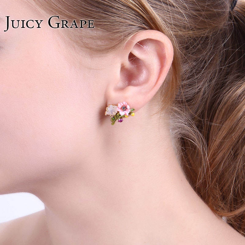 Flower White Crystal Enamel Earrings Jewelry Stud Earrings