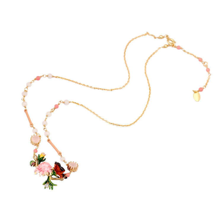 Hand Painted Enamel Glaze Ladybug Pink Flower Pendant Necklace