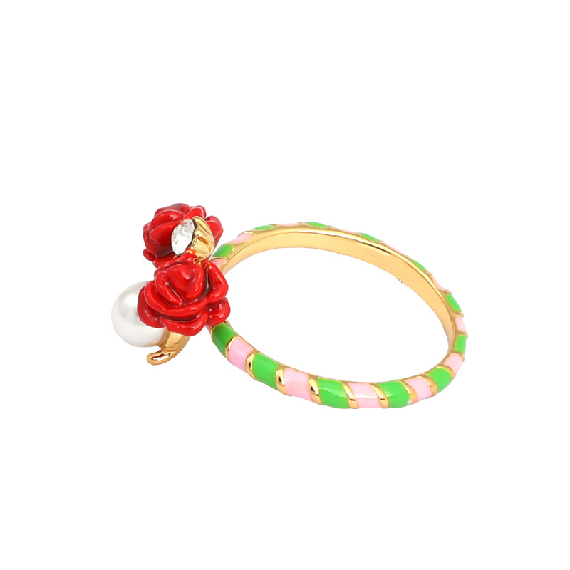 Hand Painted Enamel Glaze Red Flower Pearl Ring