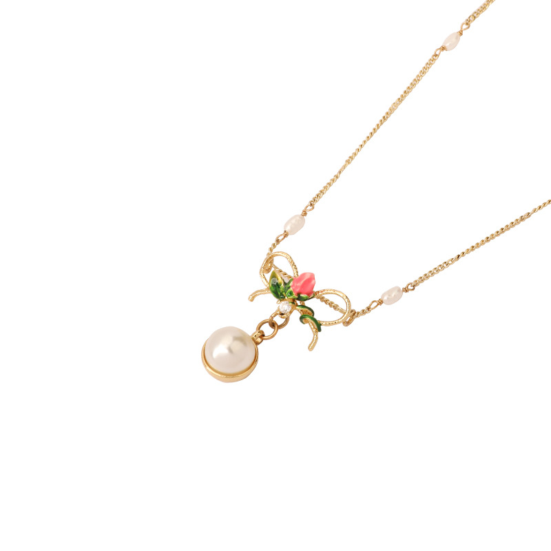 Hand Painted Enamel Glaze Rose Flower Pearl Pendant Necklace