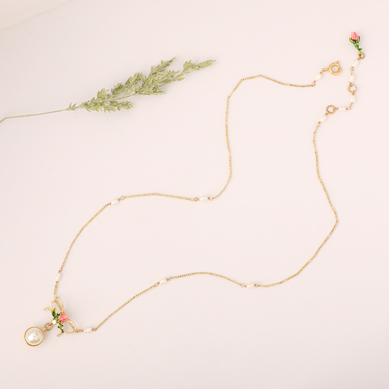 Hand Painted Enamel Glaze Rose Flower Pearl Pendant Necklace