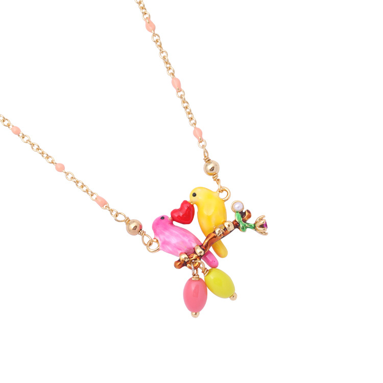 Hand Painted Enamel Glaze Pink /Yellow Bird Pendant Necklace