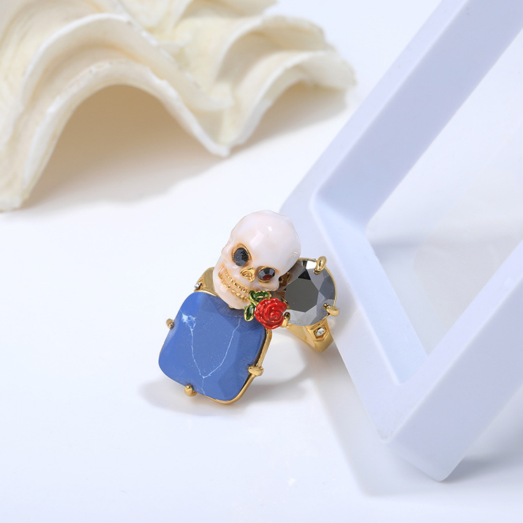Hand Painted Enamel Glaze Sapphire Skull Ring Adjustable Size