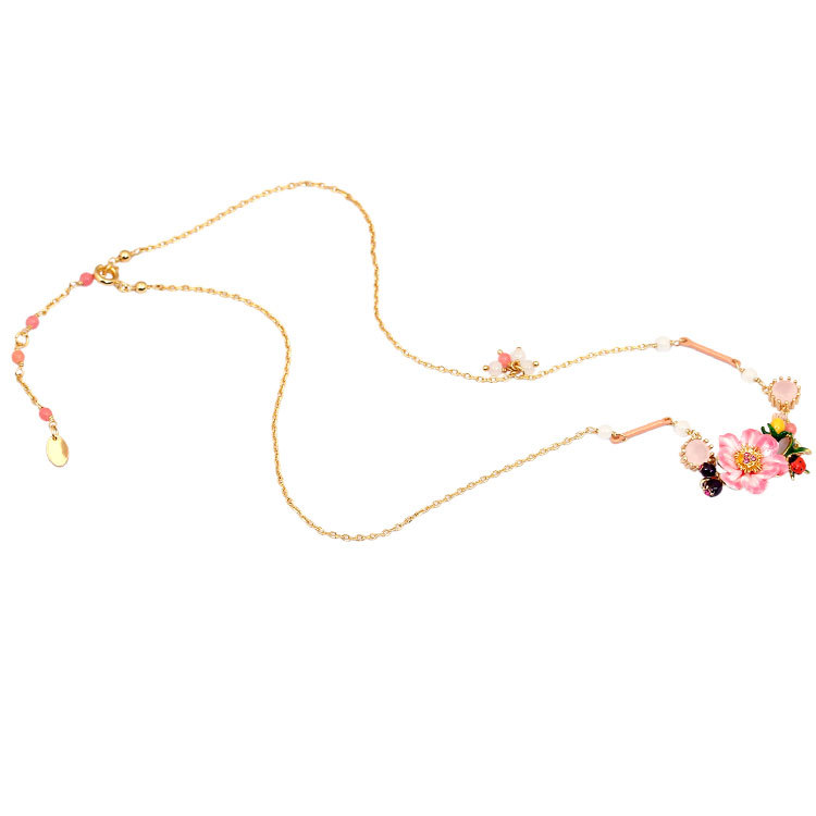 Hand Painted Enamel Glaze Pink Flower Pendant Necklace