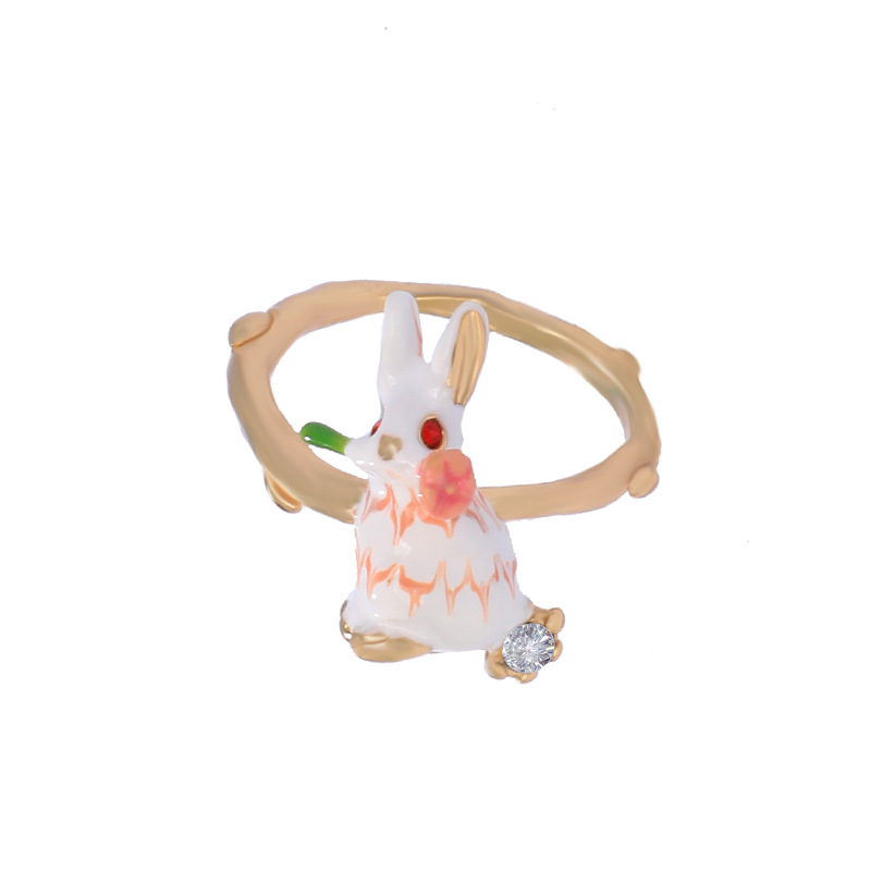 Hand Painted Enamel Glaze Small White Rabbit Crystal Three-Pieces Ring Set