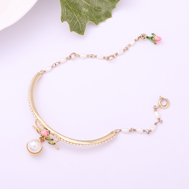 Bow Pearl Gold Plated Jewelry Enamel Bracelet