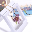 Hand Painted Enamel Glaze Purple Flowers Set with Gems Pendant Necklace