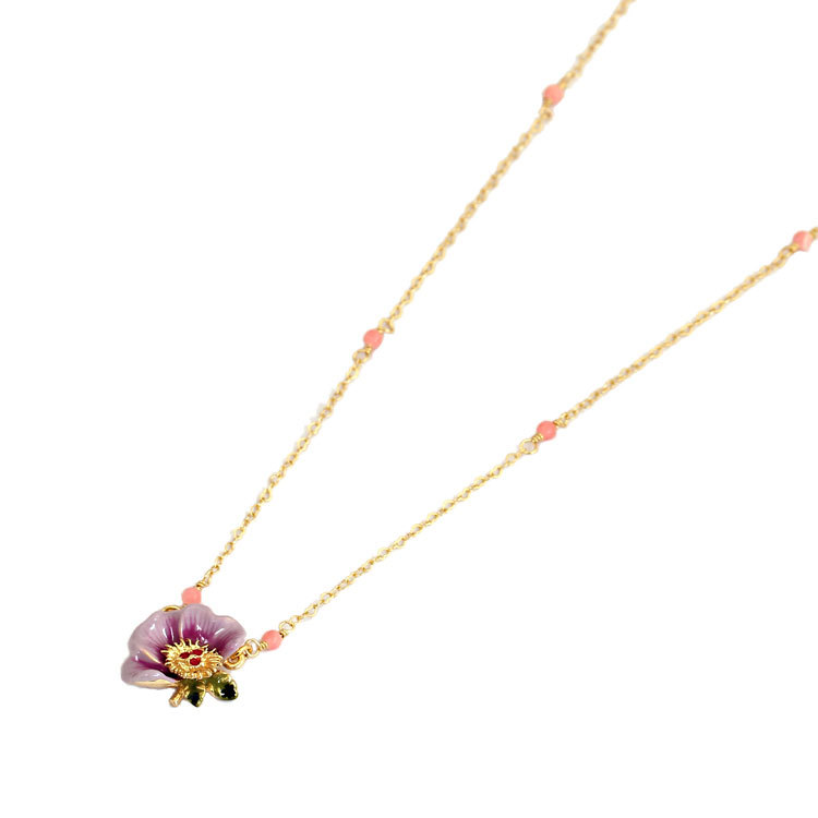 Hand Painted Enamel Glaze Purple Peony Flower Zircon Necklace