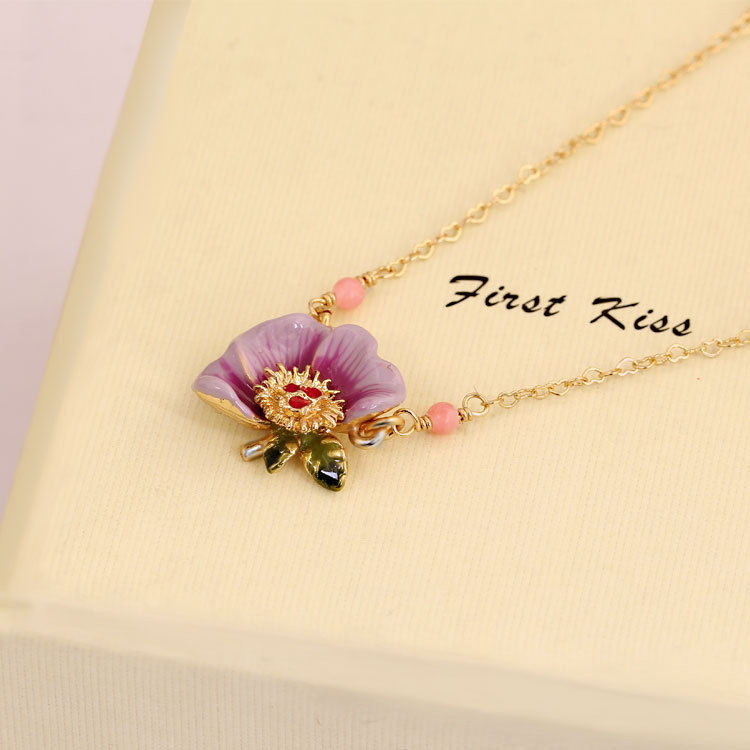 Hand Painted Enamel Glaze Purple Peony Flower Zircon Necklace