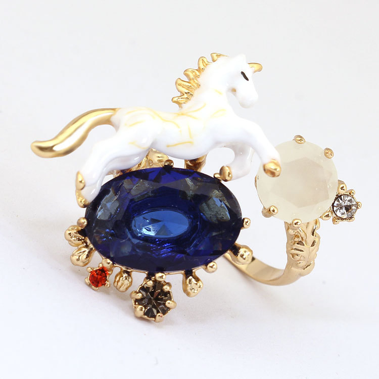 Hand Painted Enamel Glaze Unicorn Zodiac Blue Cristal Gilded Ring